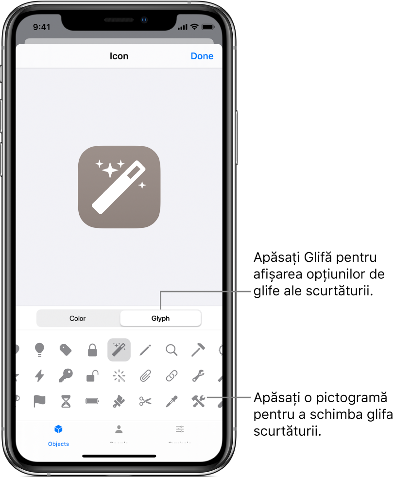 Ecranul Pictogramă afișând opțiunile de glife pentru scurtături.