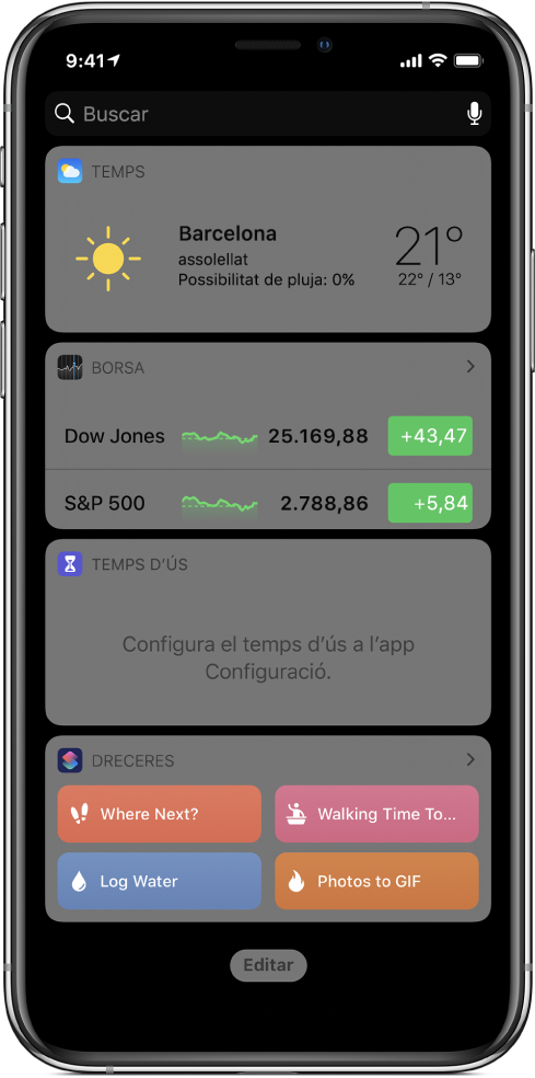 El widget de l’app Dreceres a la vista Avui de l’iPhone.