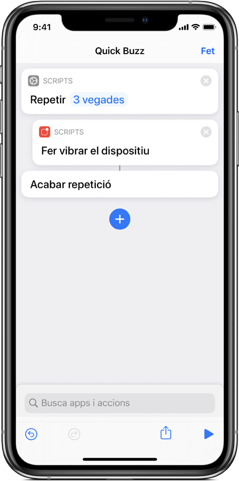 L’acció "Fer vibrar el dispositiu" configurada per repetir‑se tres vegades.
