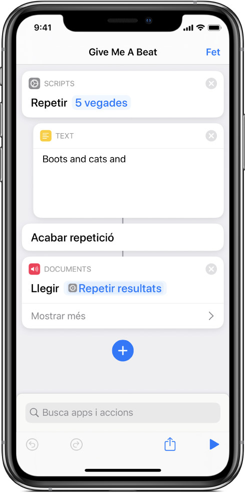 L’acció Text en un acció Repetir configurada per repetir‑se 5 vegades.