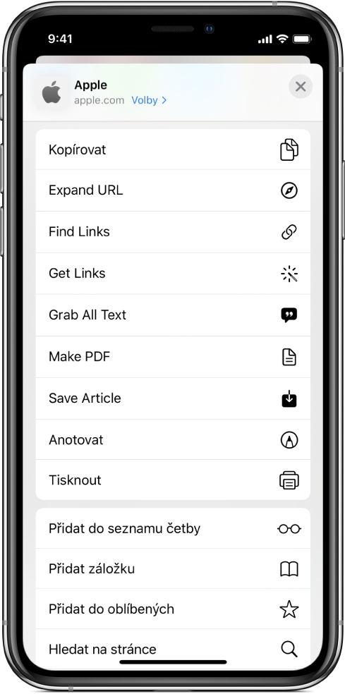 Zkratky na listu sdílení aplikace Safari