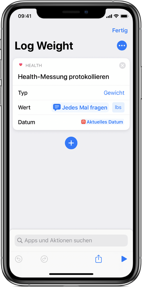 Token der Variable „Jedes Mal fragen“ im Feld „Datum“ der Aktion „Health-Messung protokollieren“.