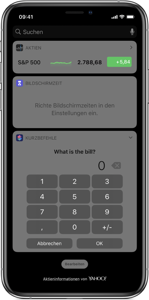 Ziffernblock im Widget „Kurzbefehle“ der Ansicht „Heute“.