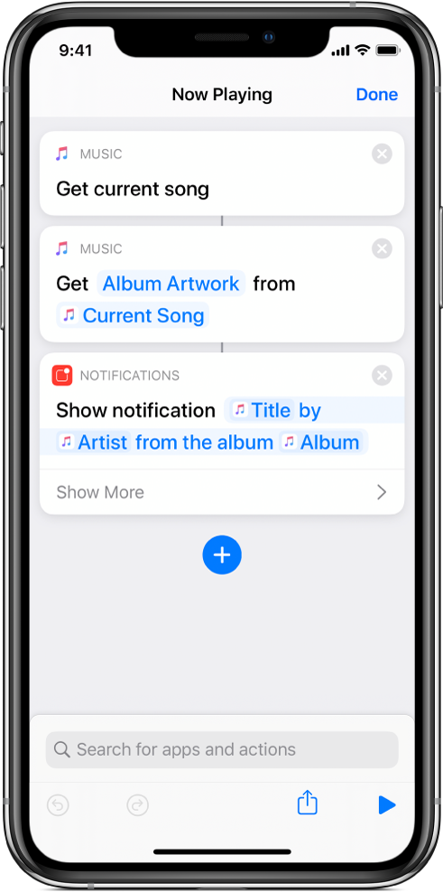 Show Notification action in the shortcut editor and Music Now Playing alert called by the Show Notification action.