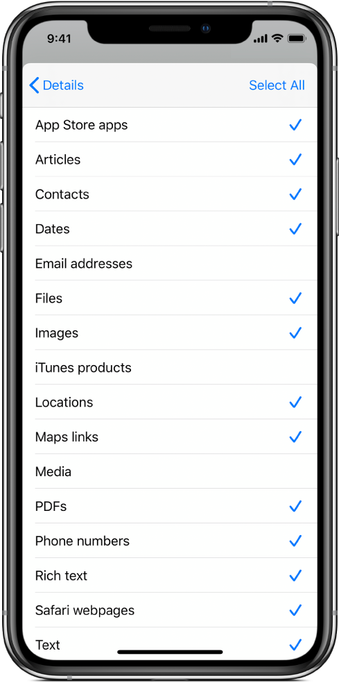 Share Sheet input list showing the kinds of content available to a shortcut when run from another app.