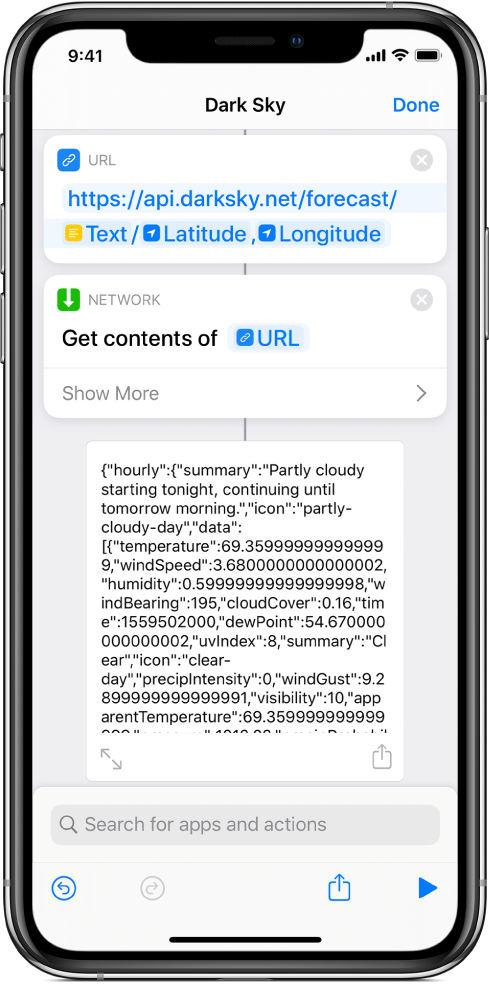 Results of the Dark Sky API request shortcut, showing the weather forecast for Alcatraz.