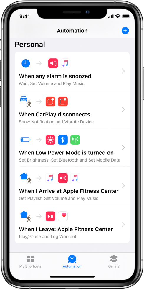 Personal automation list in Shortcuts.