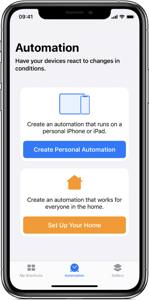 The Automation section of the Shortcuts app.