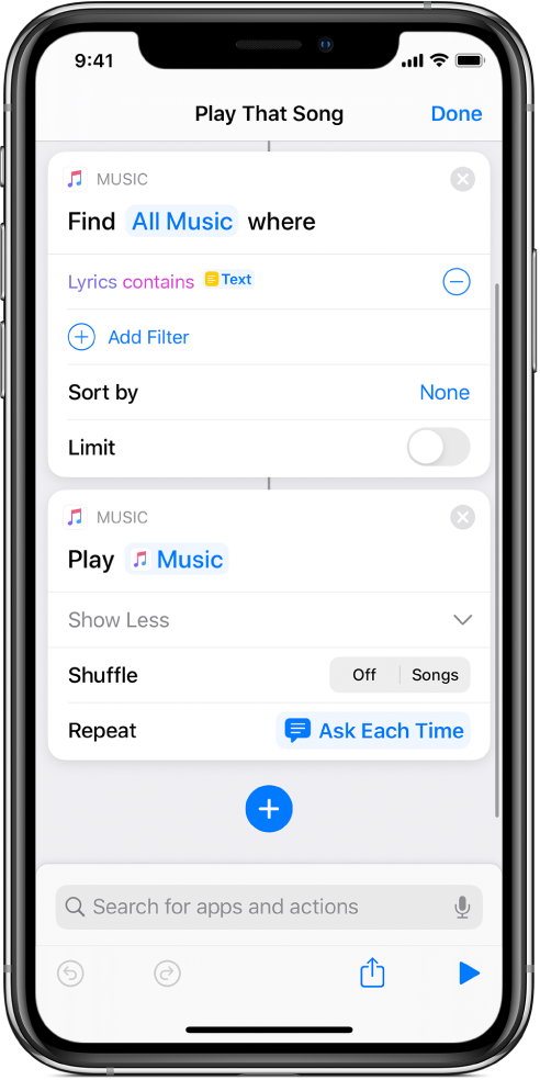 Ask Each Time variable replacing the Repeat parameters in the Play Music action in the shortcut editor.