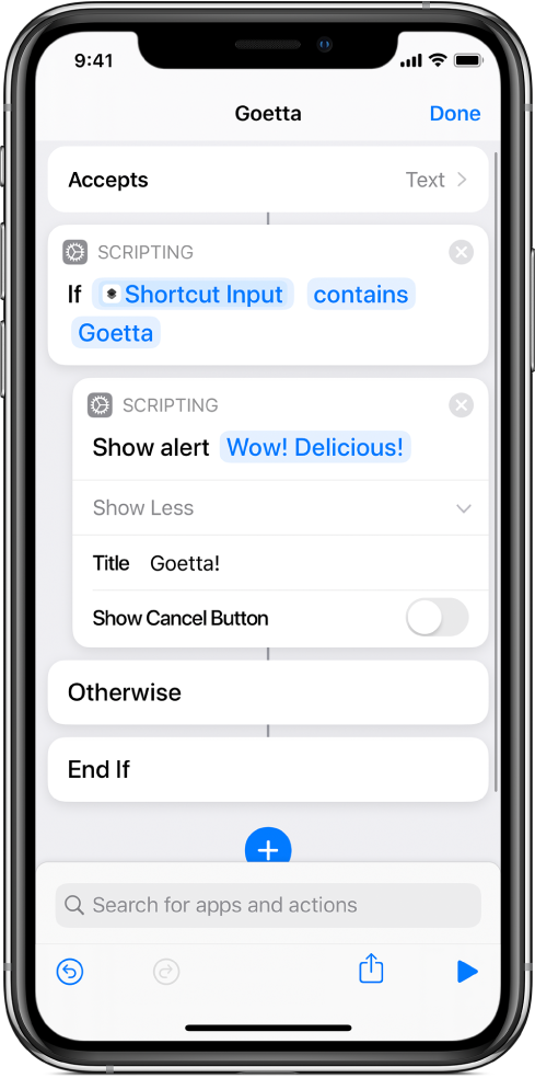 Example shortcut with “If” actions.