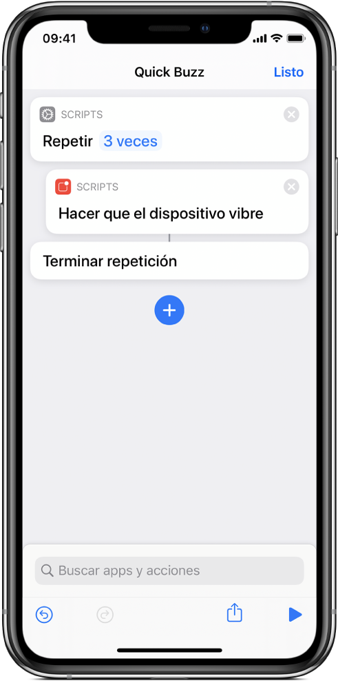 La acción "Hacer que el dispositivo vibre" con la clave "Repetir 3 veces"