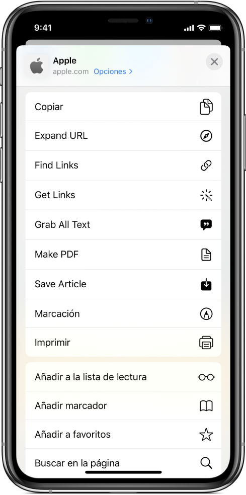 Atajos en la hoja para compartir de la app Safari.