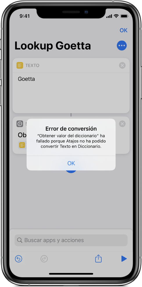 Aviso de error en el editor de atajos.