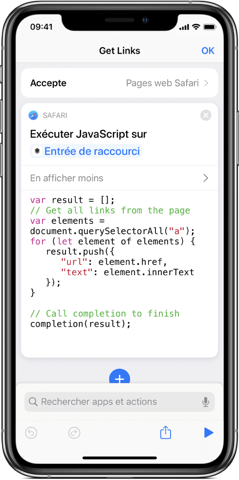 L’action « Exécuter JavaScript sur une page web » dans l’éditeur de raccourci.