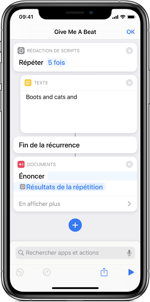 Action Texte dans une action Répéter mise en boucle 5 fois.