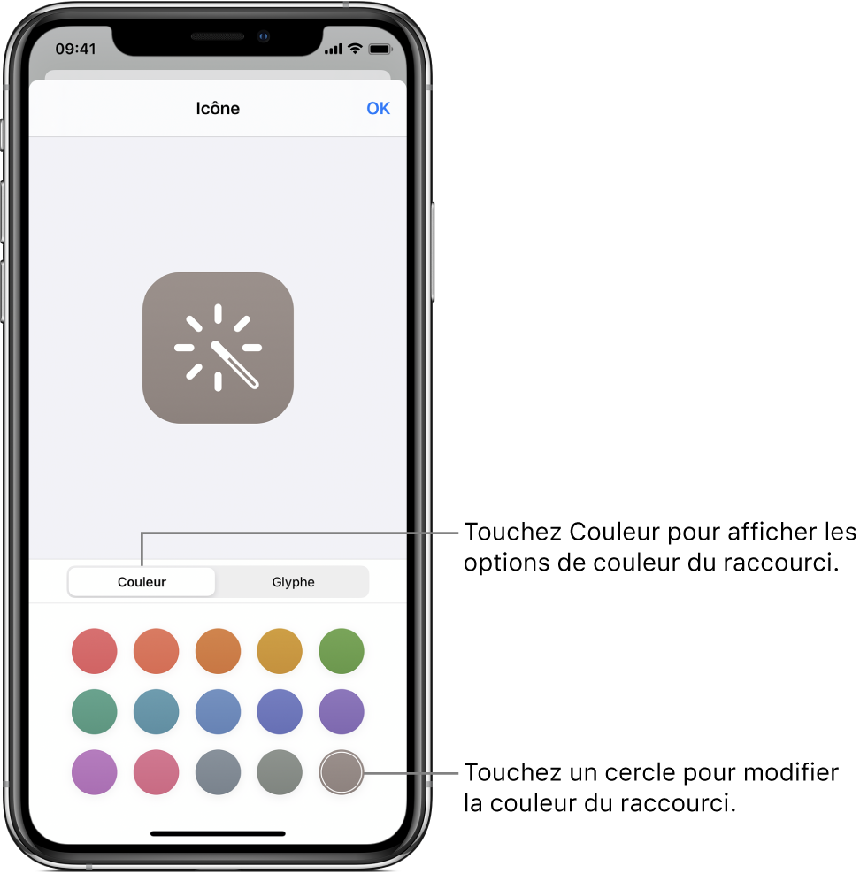 Écran Icône affichant les options de couleur du raccourci.