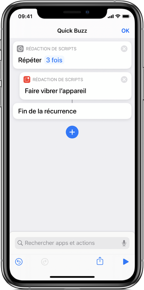 Action Faire vibrer l’appareil configurée sur Répéter trois fois.