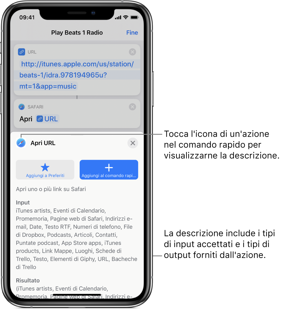 Editor di comandi rapidi che mostra una descrizione dell'azione “Apri URL”.
