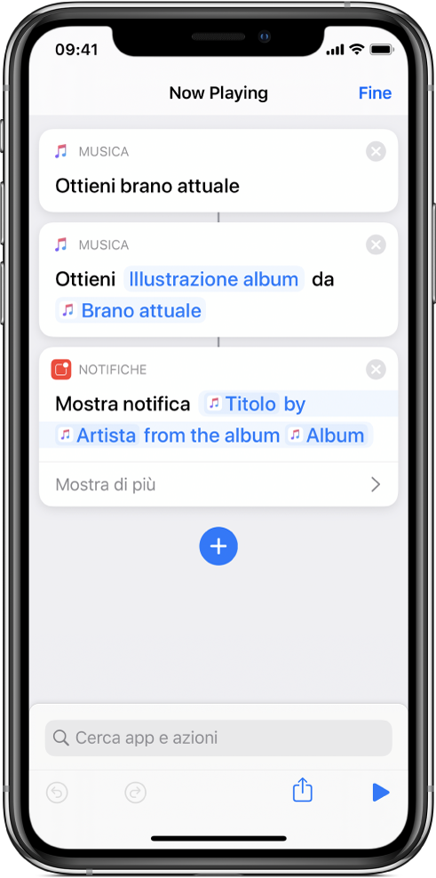 Azione “Mostra notifica” nell'editor di comandi rapidi e l'avviso “In riproduzione” di Music chiamato dall'azione “Mostra notifica”.