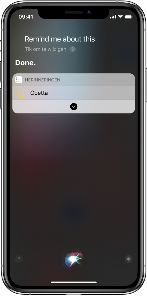 Scherm van Siri waarin een opdracht wordt toegevoegd aan een herinnering.