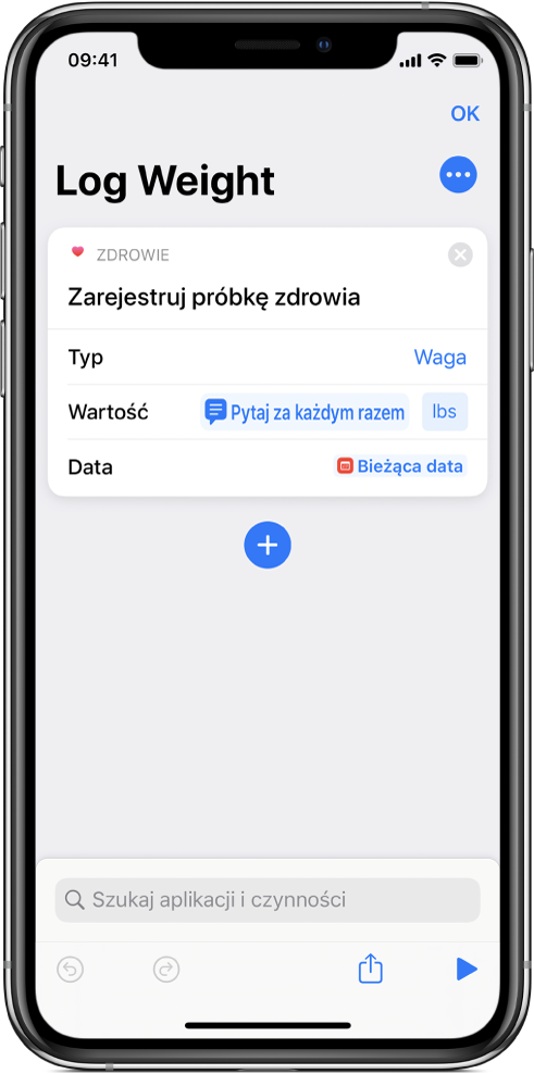 Token zmiennej Pytaj za każdym razem, widoczny w polu Data w czynności Zarejestruj próbkę zdrowia.