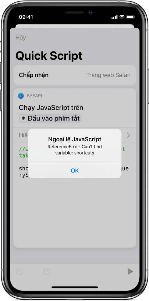 Trình sửa phím tắt đang hiển thị thông báo lỗi Ngoại lệ JavaScript.