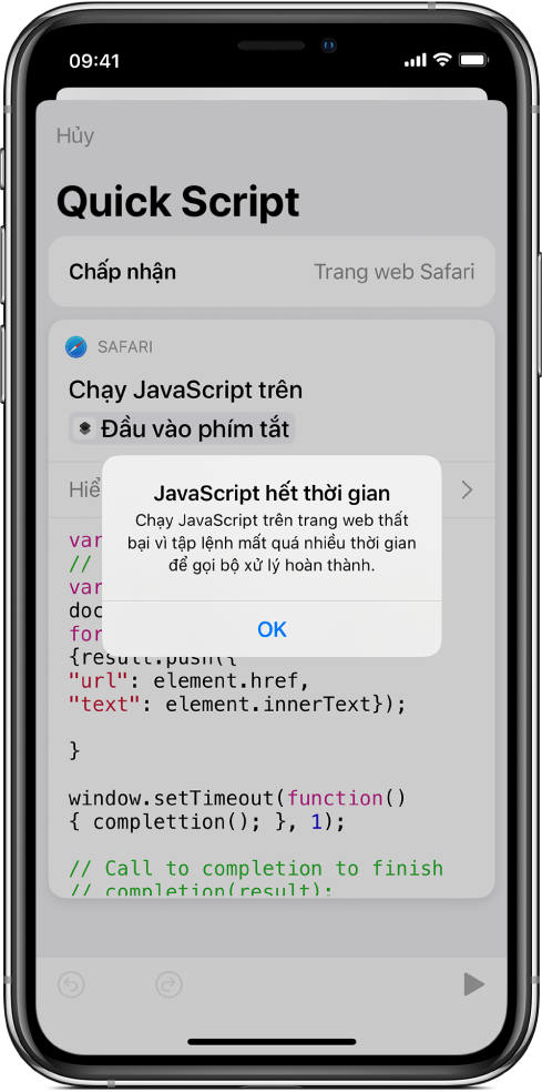 Trình sửa phím tắt đang hiển thị thông báo lỗi JavaScript hết thời gian.