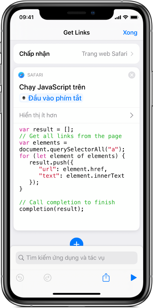 Tác vụ Chạy JavaScript trên trang web trong trình sửa phím tắt.