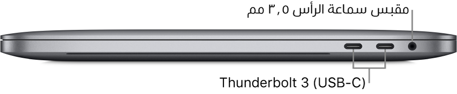 عرض للجانب الأيمن من MacBook Pro مع وسائل شرح لمنفذي Thunderbolt 3 ‏(USB-C) ومقبس سماعة الرأس ٣,٥ مم.