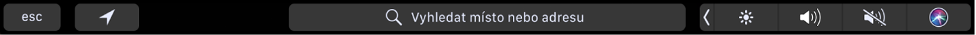 Touch Bar v Mapách s tlačítky pro aktuální polohu a trasu. Zobrazen je také panel hledání.