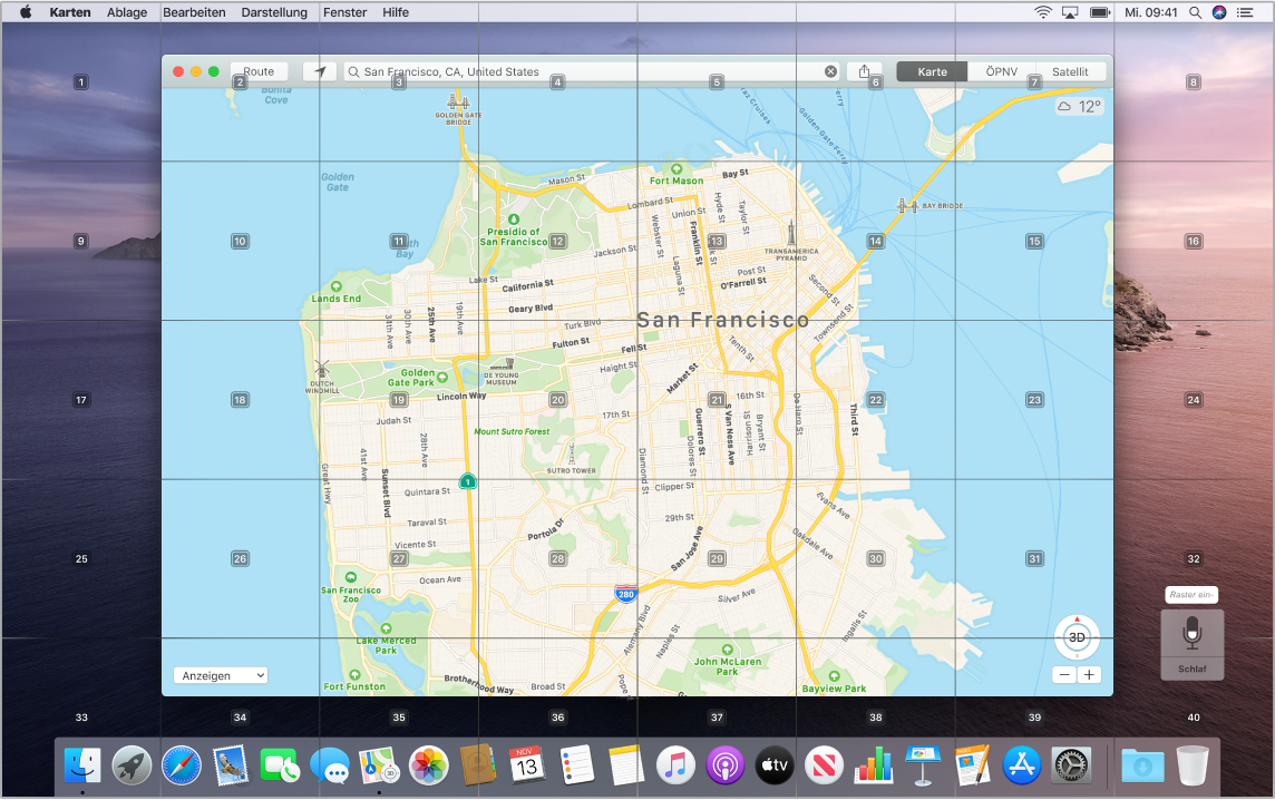 Auf dem Schreibtisch werden Karten angezeigt, die von einem Raster überlagert sind.