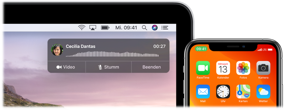 Mac-Bildschirm, auf dem ein Fenster mit der Mitteilung über einen Anruf oben rechts zu sehen ist, und ein iPhone, auf dem angezeigt wird, dass gerade über den Mac telefoniert wird.