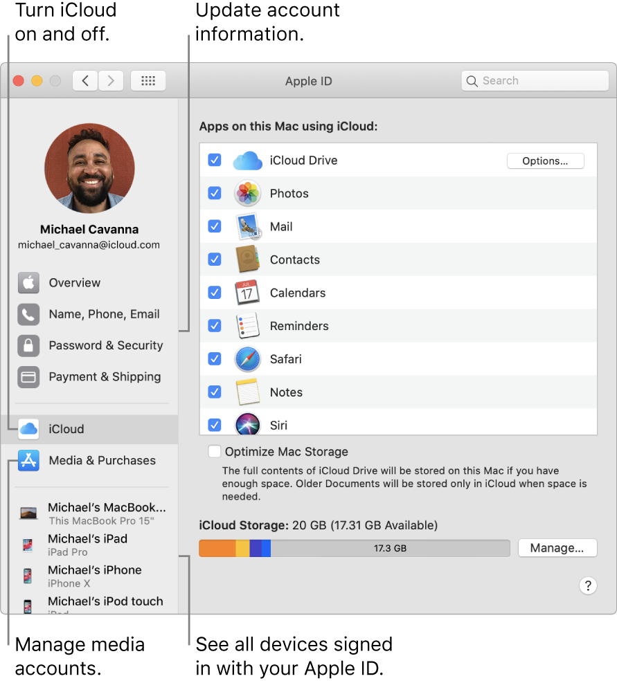 The Apple ID pane in System Preferences. Click an item in the sidebar to update your account information, turn iCloud on or off, manage media accounts, and see all devices signed in with your Apple ID.