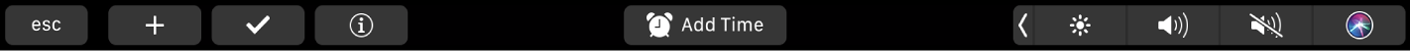 Reminders Touch Bar with buttons for new reminder, check, flag, info, Add Time, and Add Location.