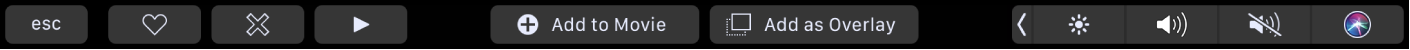 The iMovie Touch Bar showing buttons for favorite, delete, play, add to movie, and add as overlay.