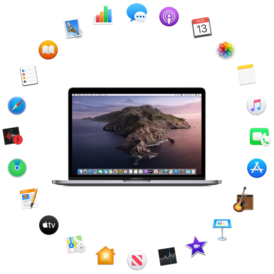 A MacBook Pro surrounded by the icons for the built-in apps described in the following sections.