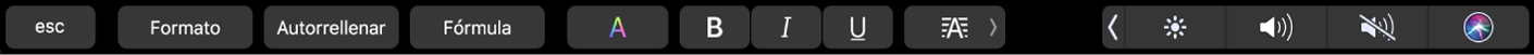 Touch Bar de Numbers con botones para Formato, Autorrelleno y Fórmula. También hay botones para agregar formato al texto, como color, negritas, cursivas y subrayado, así como ajustar la alineación.