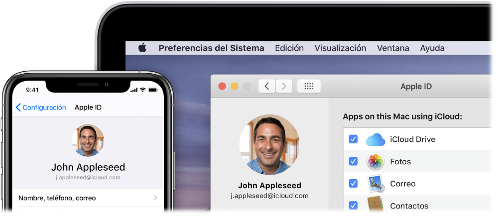 Un iPhone mostrando la configuración de iCloud y una Mac mostrando la ventana de iCloud.