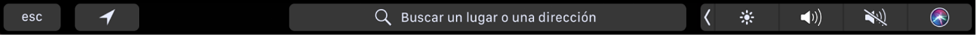 La Touch Bar de Mapas, con botones para obtener información de la ubicación actual e indicaciones. También se muestra la barra de búsqueda.
