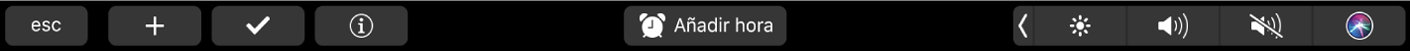 La Touch Bar de Recordatorios con los botones de nuevo recordatorio, marcar, poner indicador, información, “Añadir hora” y “Añadir ubicación”.