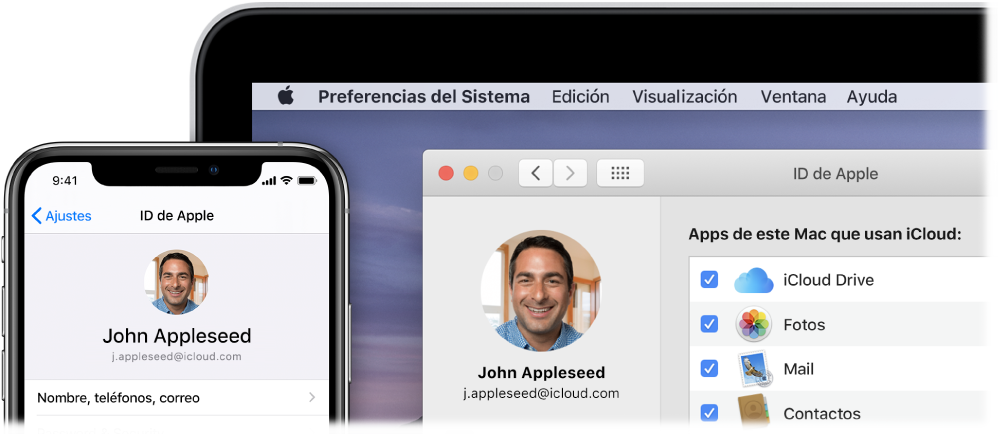 iPhone con los ajustes de iCloud y la pantalla de un Mac con la ventana de iCloud.