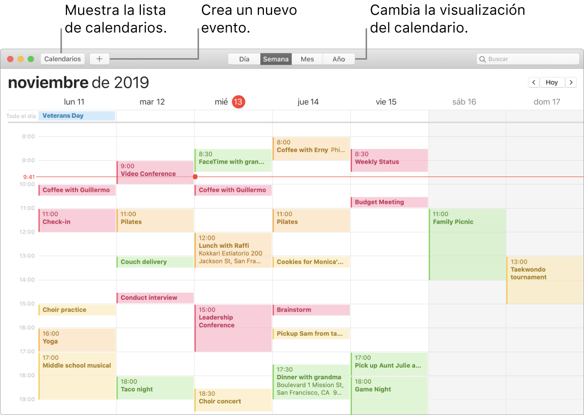 Una ventana de Calendario donde se muestra cómo crear un evento, cómo mostrar la lista de calendarios y cómo seleccionar la vista Día, Semana, Mes o Año.