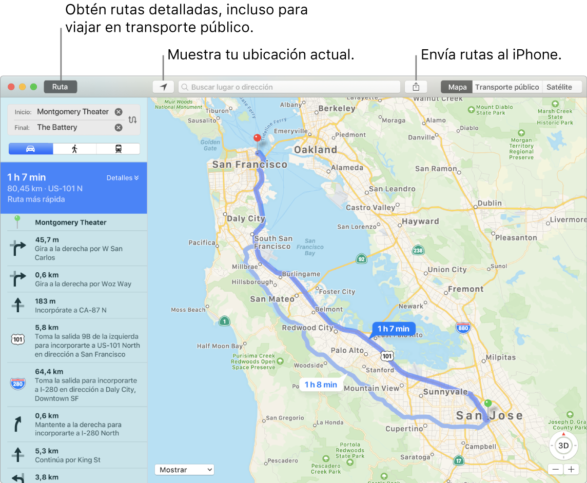 Una ventana de Mapas donde se muestra cómo obtener indicaciones de direcciones haciendo clic en Ruta (en la parte superior izquierda) y cómo enviar la ruta al iPhone mediante el botón Compartir.