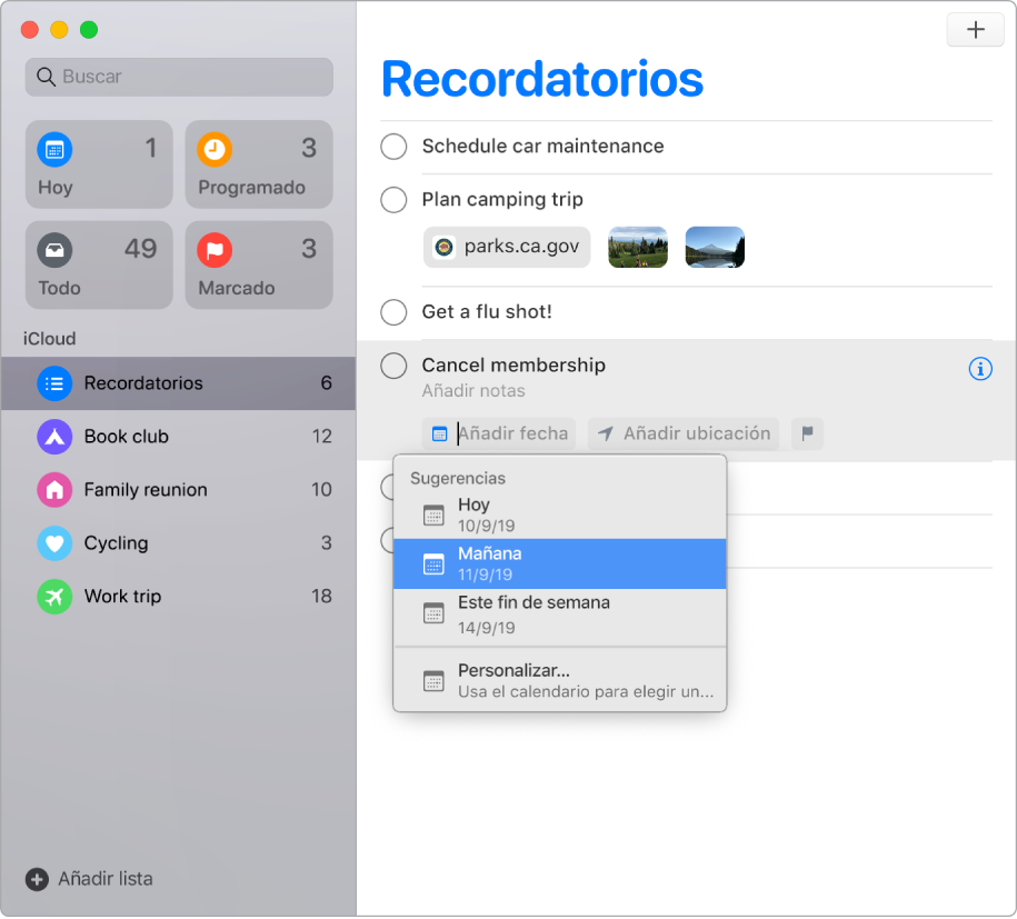 Una ventana Recordatorios con los botones de edición visibles para los recordatorios. El puntero está sobre la opción “Añadir fecha”, creando un menú con sugerencias para Hoy, Mañana, “Este fin de semana” y Personalizado.