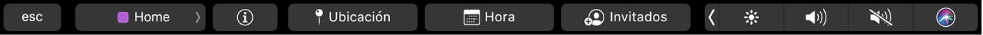 La Touch Bar de Calendario con botones para seleccionar calendarios, ver los detalles del evento, editar la hora o la ubicación y añadir invitados.