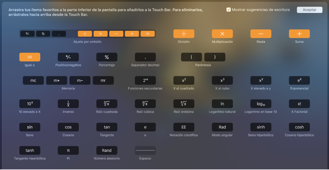 Los ítems que se pueden personalizar en la Touch Bar de Calculadora arrastrándolos hasta la Touch Bar.