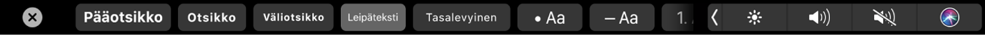 Muistiinpanojen Touch Bar, jossa on painikkeet kappaletyyleille, kuten pääotsikko, otsikko ja leipäteksti, sekä painikkeet luettelovalinnoille, kuten luettelomerkki, viiva ja numero.