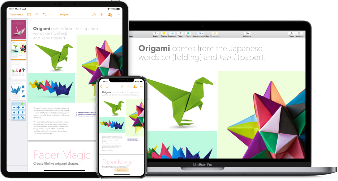 Contenu identique affiché sur un MacBook Pro, un iPad et un iPhone.