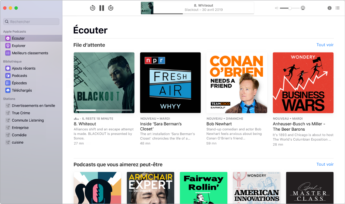 Une fenêtre Podcasts affichant le champ de recherche et les résultats.