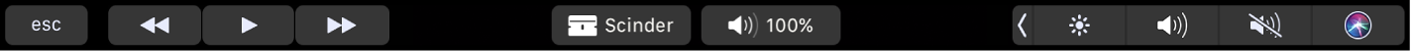 Touch Bar d’iMovie lorsqu’un plan est en cours de lecture. Il existe des boutons permettant de revenir en arrière, de lire, d’avancer, de scinder et d’ajuster le volume.